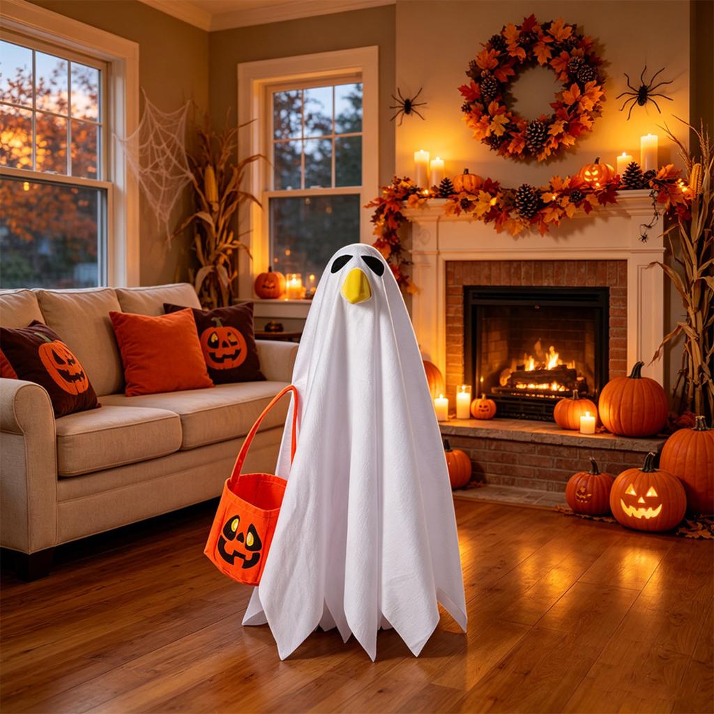 23 Inch Halloween Ghost Decoration with Bow Tie and Pumpkin Bucket Indoor Outdoor Hanging Prop for Porch Yard Party