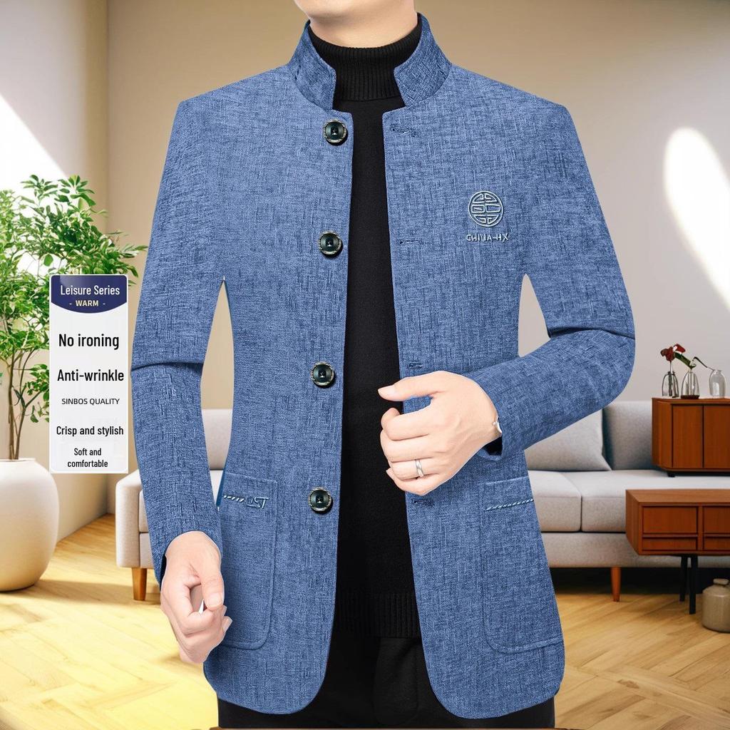 Men's Ethnic Style Woolen Stand-Up Collar Jacket - Business Casual, Warm Winter Wear for Middle-Aged Dads