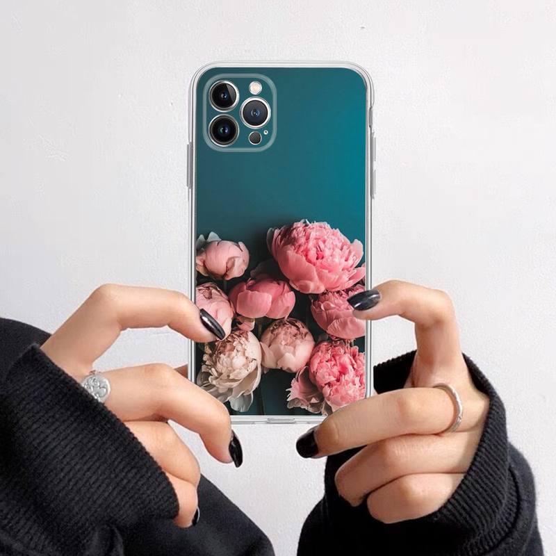 Elegant Pink Purple Peony Flower On the Vase Phone Case For iPhone 14 13 12 11 XS X XR SE 2020 6 7 8 Plus Mini Transparent Shell