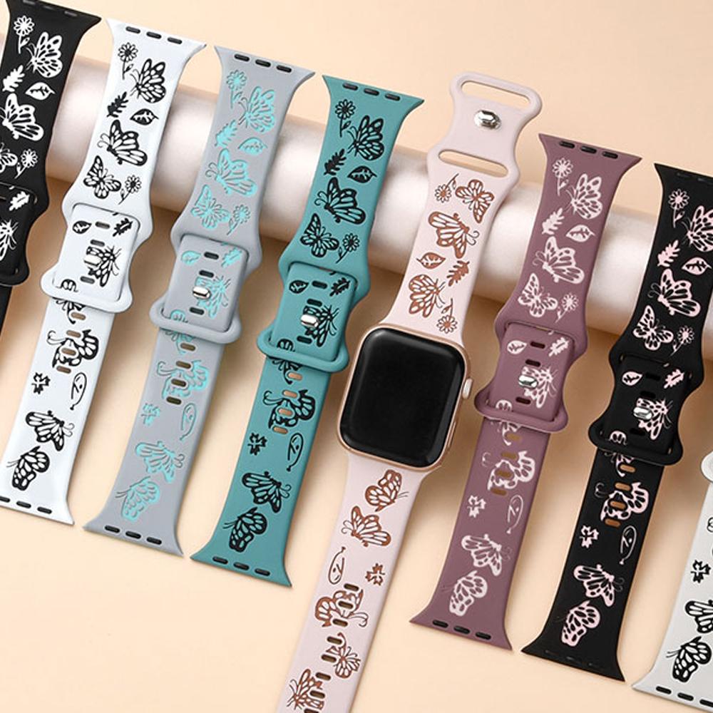 Engraved Strap For Apple Watch Band 45mm 44mm 42mm 41mm 40mm 49mm 46mm Silicone Correa Bracelet Series 10 8 9 7 SE 6 5 4 Ultra 2