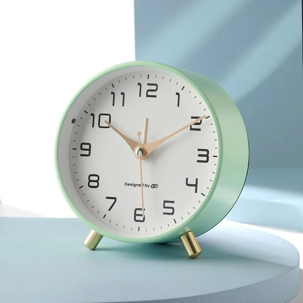 Non-Ticking Nordic Alarm Clock Round Table Clock Battery Operated Frosted Metal Clock  Bedroom