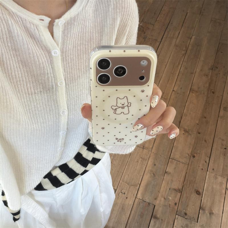 Magnetic Double Layer Beige Polka Dot Puppy Phone Case For iPhone 17 Pro 16 15 14 17 Pro Max Shockproof Cover Girl 17pro