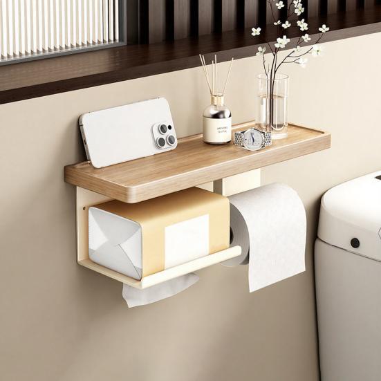 Wall Storage Rack Strong Load-Bearing Wall-Mounted Organizer with Rounded Paper Outlet Smooth Pull-Out Multifunctional Wood Metal Bathroom Shelf