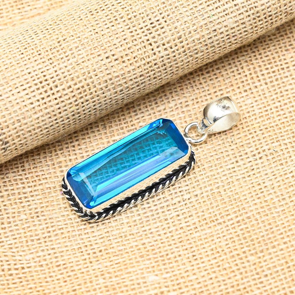 Swiss Blue Topaz Gemstone 925 Solid Sterling Silver Amazing Jewelry Handmade Pendant For Her