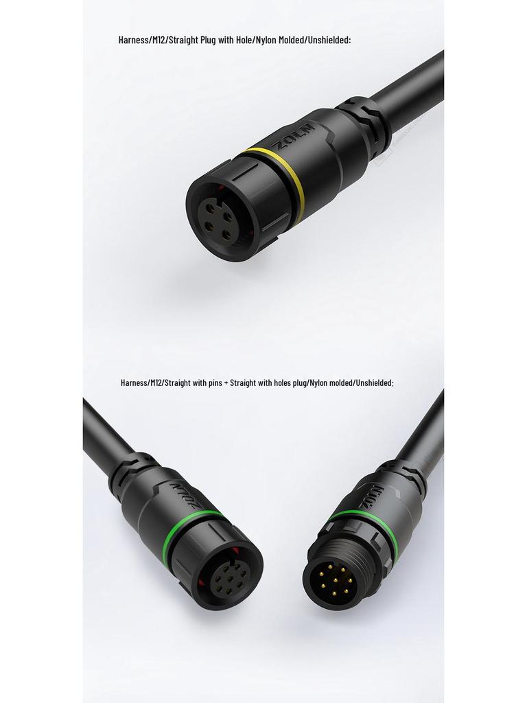 M12 Dual-Ended Overmolded Nylon Unshielded Straight Cable Harness with Solderless Sensor Connector and 12MM Aviation Plug.