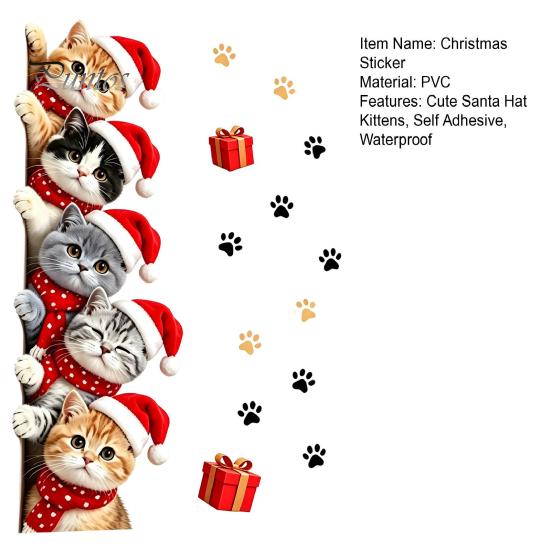 Holiday Decorative Door Clings Christmas Cat Sticker, Cute Santa Hat Kittens Wall Decal, Self Family Festive Interior Decorations Adhesive Waterproof