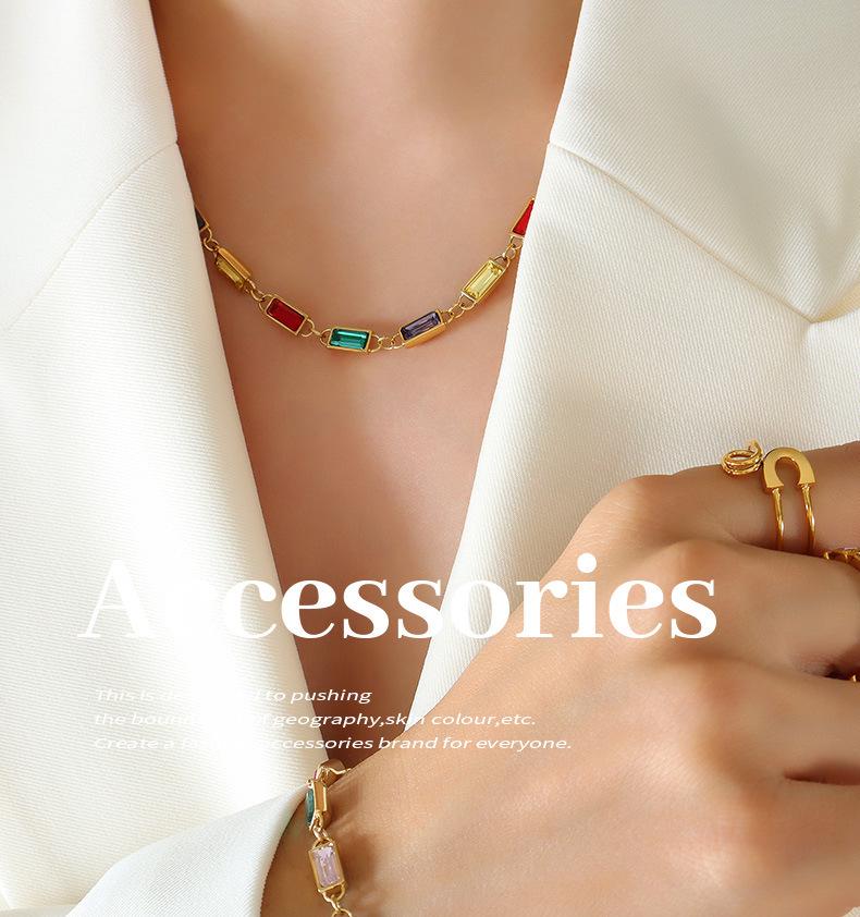 Colorful Retro Rhinestone Patchwork Necklace & Colorfast Bracelet - Simple Titanium Steel Dopamine Jewelry