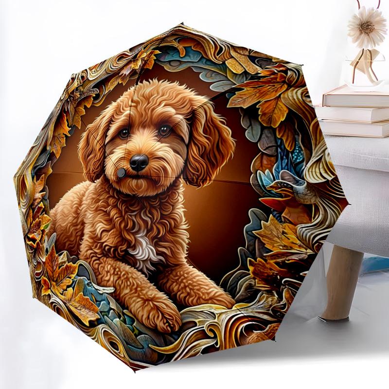 0106 Embossed Leaf Dog  Pattern, Automatic Folding Umbrella, Portable and Foldable Design, 8 Ribs, a Christmas or Birthday Gift.
