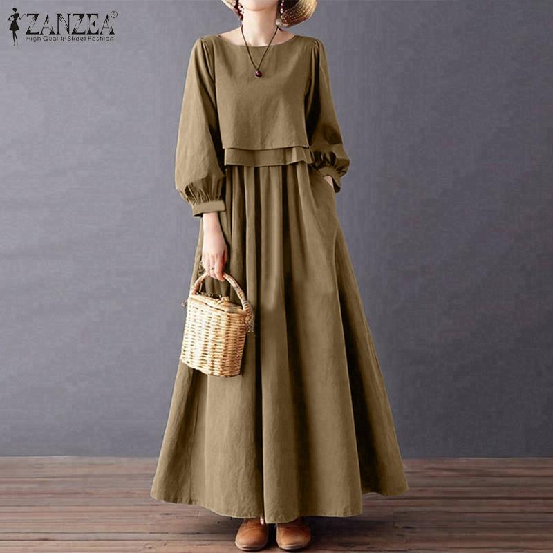 ZANZEA Dámské ležérní šaty s kulatým výstřihem, volné, jednobarevné, s dlouhým rukávem, dlouhé