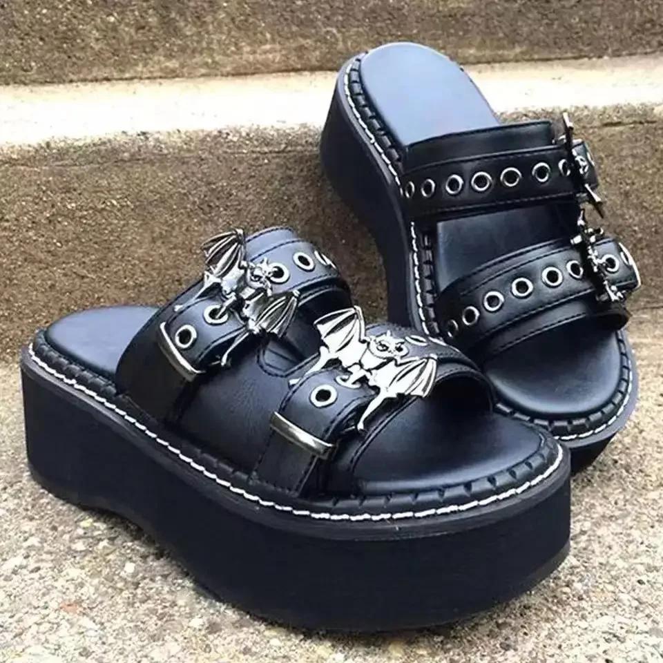 Fashion Gothic punk women's sandals optical wide heel astronomical bat slippers belt decoration 2024 new summer