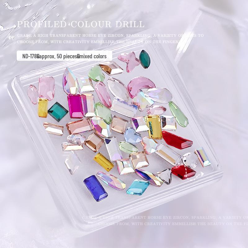 Colorful Rhinestone Nail Art Set: Heart, Horse Eye, Octagon, and Long Strip Designs, 50 Pieces