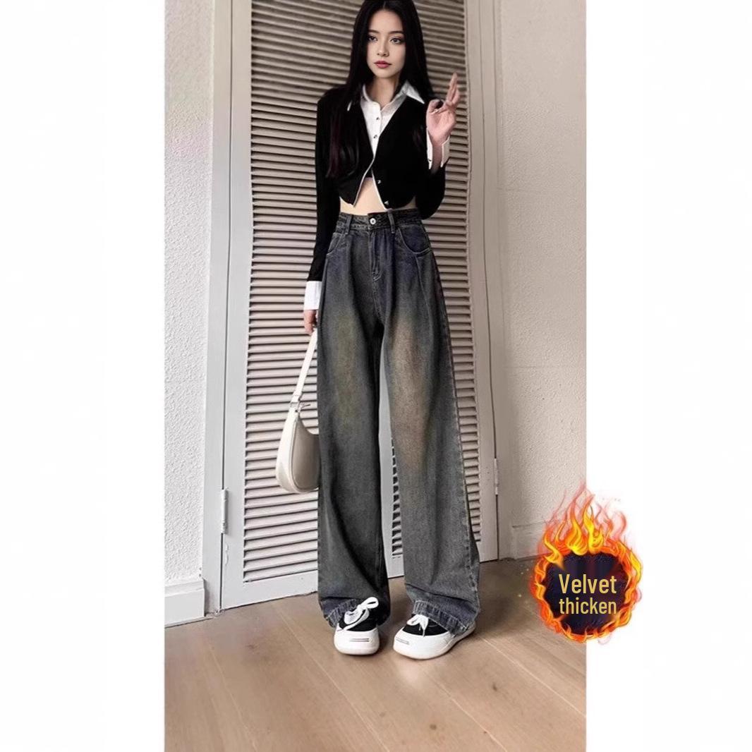 

Cement Gray Wide-Leg High-Waisted Jeans: Women s Retro Loose Fit, Small to Plus Sizes for Spring & Autumn 2024 L