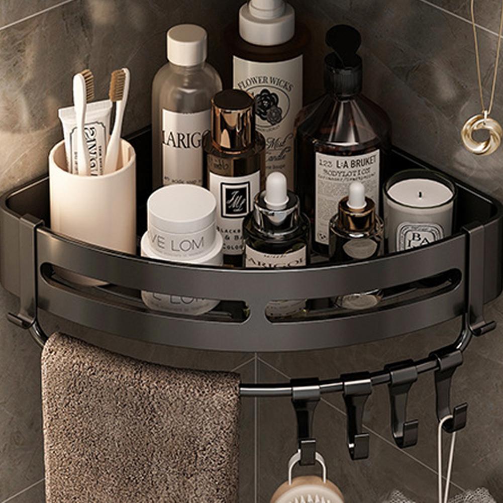 Bathroom Kitchen Shelf, Adhesive or Screws Wall Mounted Shower Shelving with 4 Movable Hooks,
