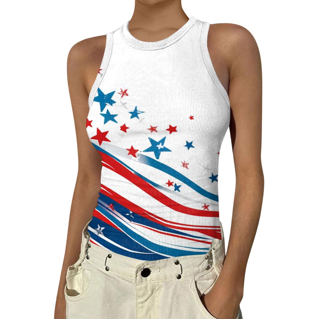 Women's Fashion Round Neck Independence Day Print Sleeveless Vest Top