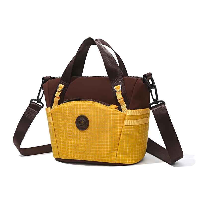 Colorblock Nylon Mini Tote Bag with Grid Pattern Front Pocket Crossbody Casual Small Shoulder Purse for Daily