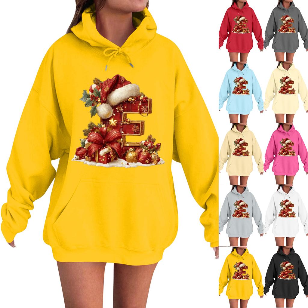 Women's Casual Comfortable Long-Sleeved Christmas Letter-Printed Warm Hooded Crew-Neck Sweatshirt