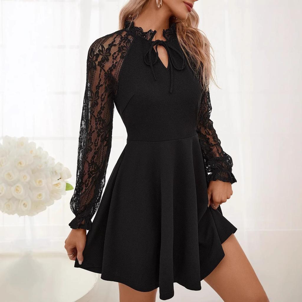 Spring Elegant Women Solid Color French Color Block Lace Tie Long Sleeve Dress Mature Style French Retro Patchwork Slim Sexy Elegant Women Maxi Dress