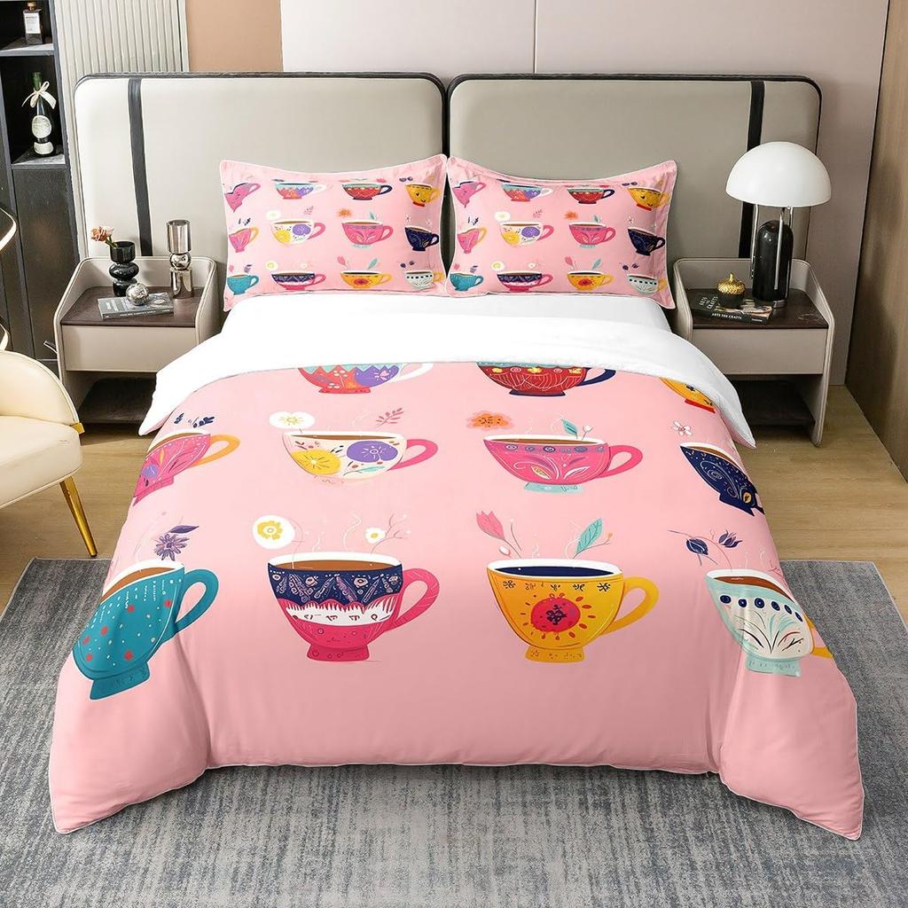 Lovely Bohemian Style Cup Shaped Tea Party Soft Duvet Cover Quen Sized Dimensions Children Kids Rom Decor Watercolor Cofe Beding Cup 3 Piece Set