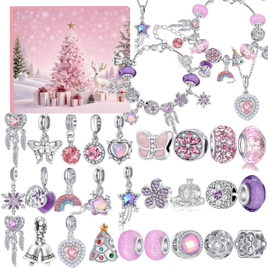 Set Regalo di Natale Rosa-Viola da 31 Pezzi: Braccialetto con Perline, Collana, Acchiappasogni Fai da Te e Cordino a Mano per il Nuovo Anno