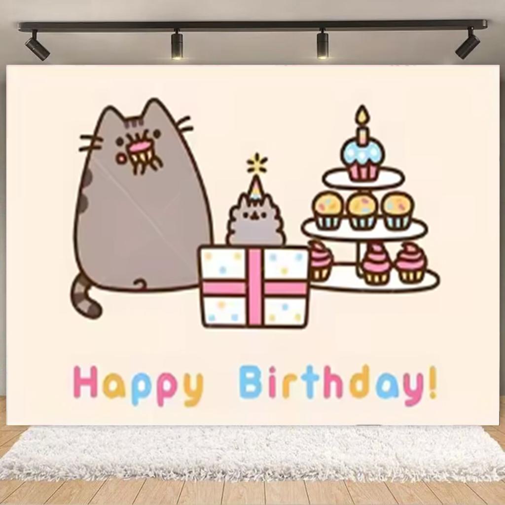 Cartoon Cute Fat Gray Cat Cake Happy Birthday Banner Custom Kid Birthday Party Decor Supplies Baby Shower Photography Background