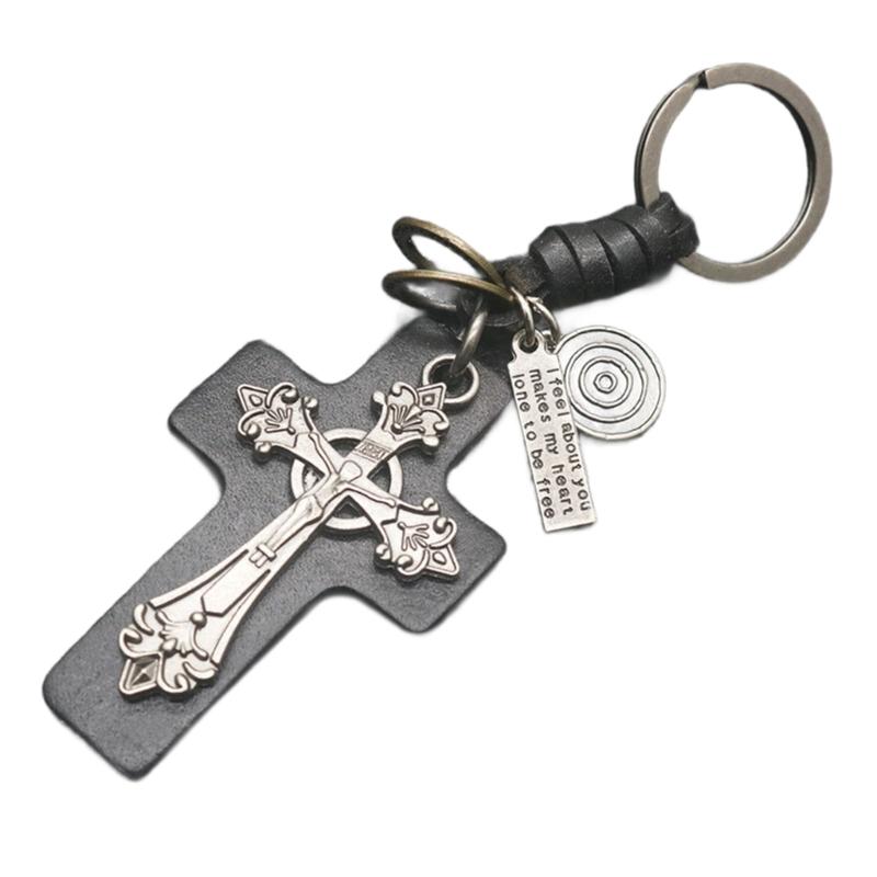 Unique Crucifix PU Leather Keychain Religious Key Ring Bag Pendant for Daily Use Trendy Punk Inspired Key Accessory
