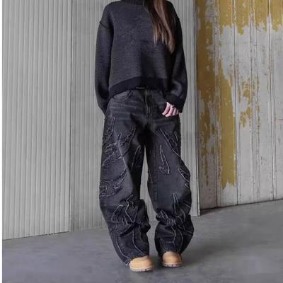 Street Retro Raw Edge Embroidery Black Jeans for Women Y2k Fashion Hip Hop Baggy Patchwork Denim Pants Women High Waisted Trousers