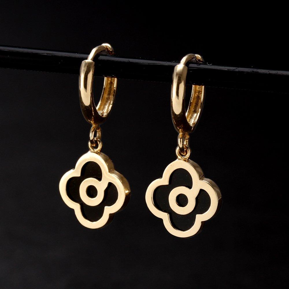 Gift from New York Earrings Onyx 10K Yellow Gold Dangle Earrings Flower Metal Hypoallergenic Gift Women's Women's