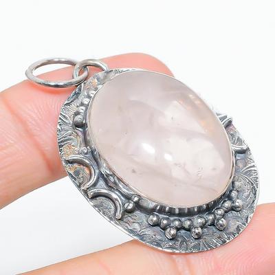 Natürlicher Rosenquarz-Edelstein, handgefertigt, 925er Sterlingsilber, Anhänger, 5,1 cm, R0w77