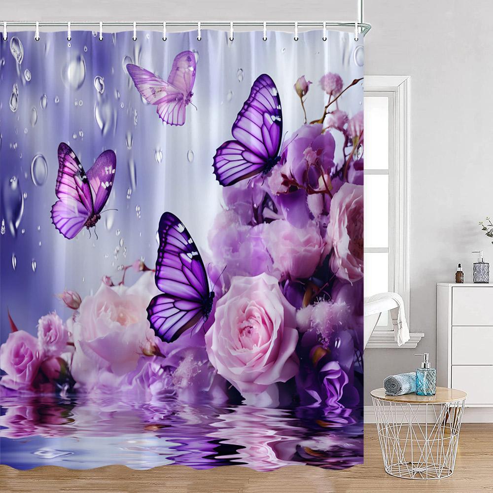 Colorful Butterfly Shower Curtains Flowers Blossom Floral Bathroom Curtain Polyester Fabric Bathtub Decor With Hooks For Home