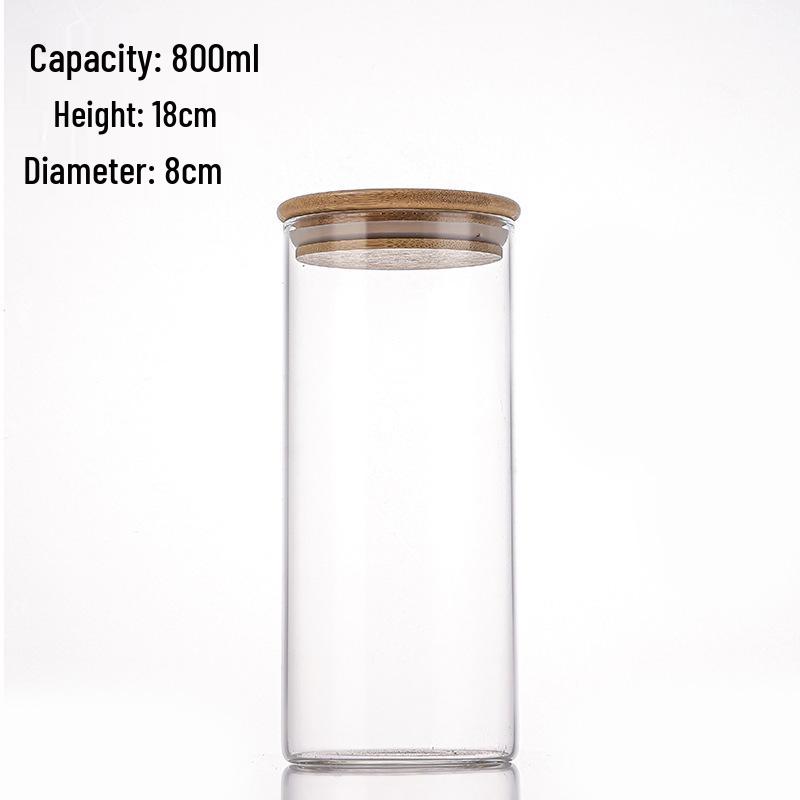 80mm High Borosilicate Glass Storage Jar with Wood Stopper & Bamboo Lid - Straight Neck, Multiple Sizes