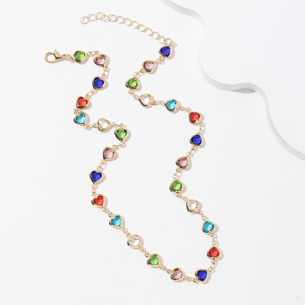 Cross-Border French Style Long Diamond Tassel Heart Choker Necklace for Women