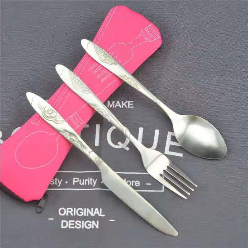 3pcs Set Dinnerware Portable Printed Stainless Steel Spoon Fork Steak Knife Set Travel Cutlery Tableware with Bag