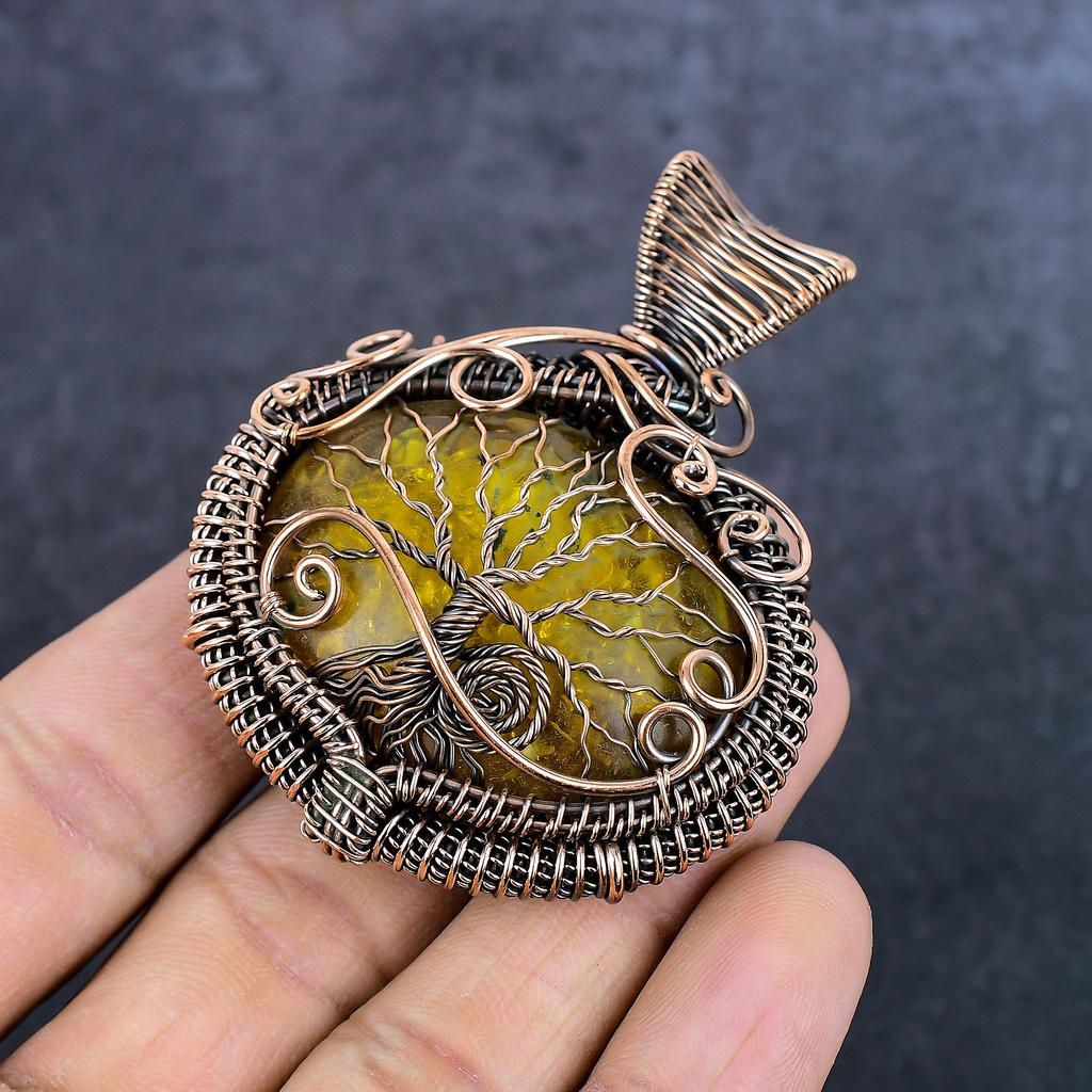 Bursztyn Bałtycki Ręcznie Robiony Miedziany Oplot Biżuteria Wisiorek 2,76" N5K55