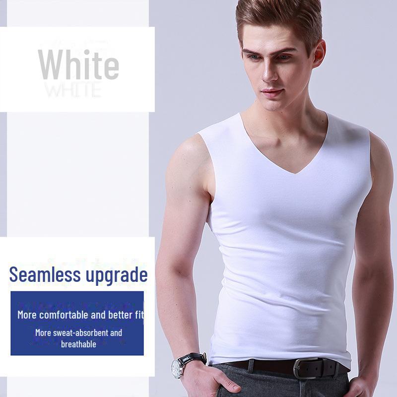 Men's White Ice Silk Seamless V-Neck Sleeveless Sports Vest - Summer Slim Fit
