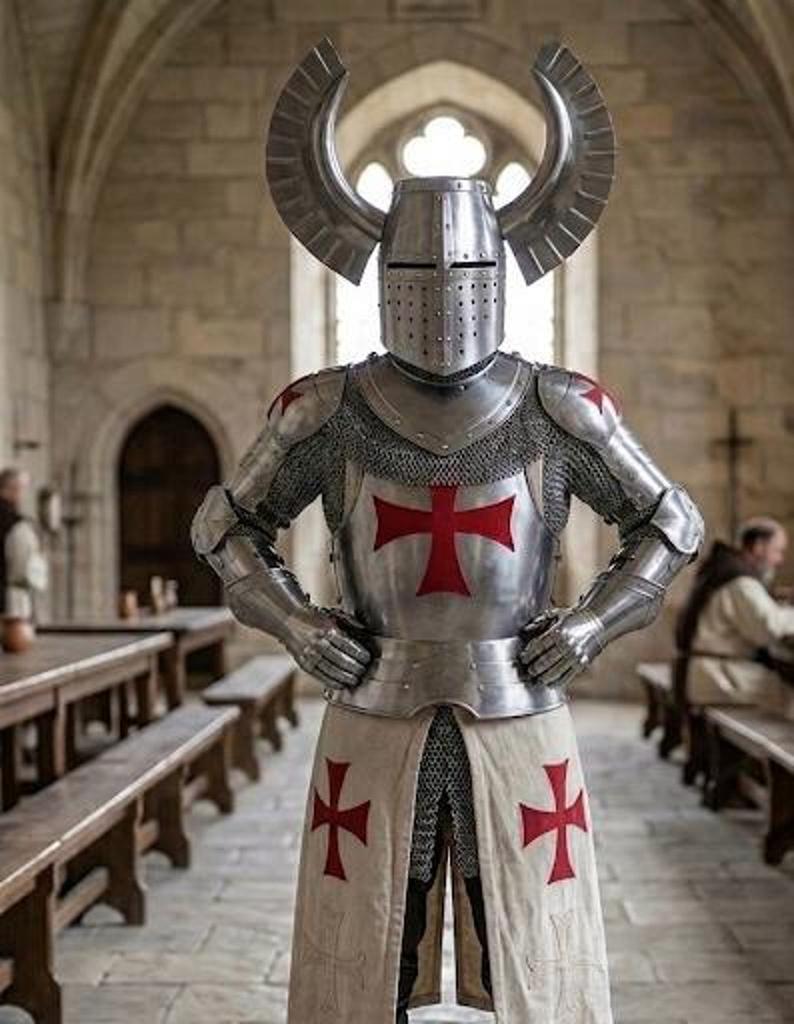 Wearable Templar Knight Costume Set with Viking Horned Helmet for Cosplay LARP Renaissance Fair