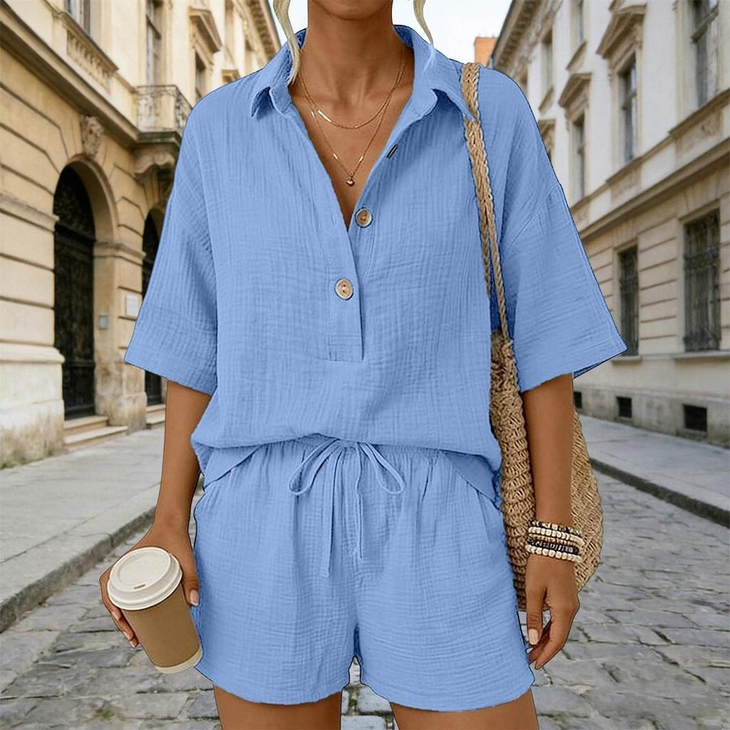 Women Casual Two Piece Set Lightweight Button Down Shirt and Drawstring Waist Shorts Relaxed Fit Summer Outfit