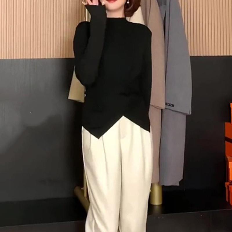 

Модный пуловер с полувысоким воротником крест-накрест, нерегулярный, женский свитер, весна-осень, однотонный, вязаный, с длинным рукавом, элегантный, повседневный, трикотажный топ, одежда One Size чёрный