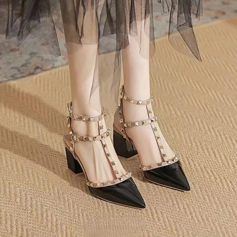 Fashion Women's High Heels Fashion Slingbacks Buckle Female Sandals Roman Pointed Rivets Party Shoes Sexy Women Shoes Sandalias De Mujer