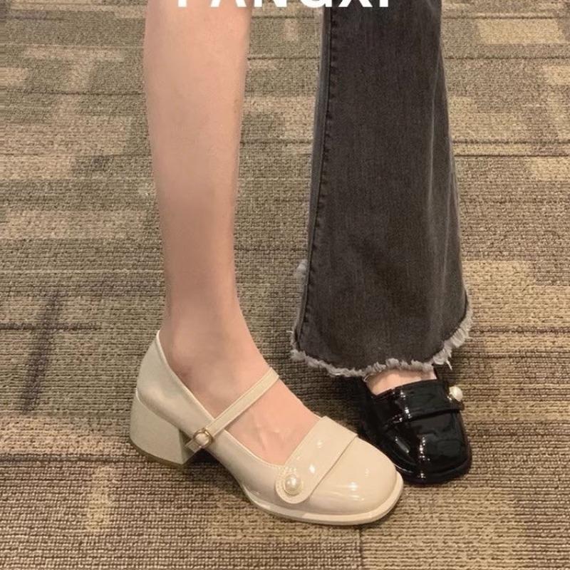 

2025 autumn new women s high heels fashion chunky heel design ladies casual party and work wear White Mary Jane leather shoes 39 бежевый