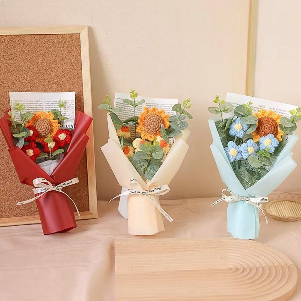 Knitted Knit Sunflower Plush Bouquet Cartoon Sunflower Flower Bouquet Toy  Valentine'S Day