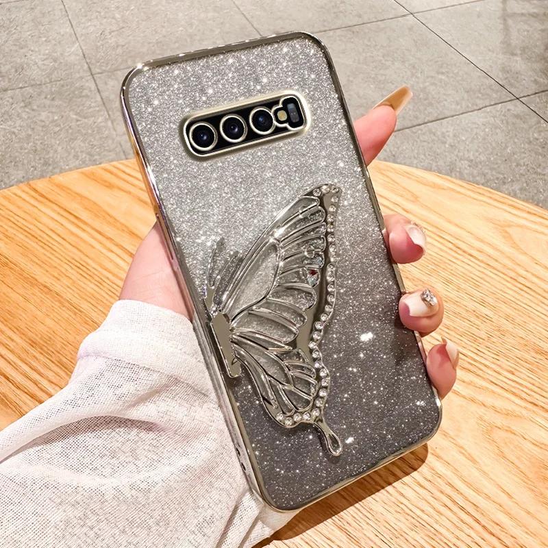

3D Чехол-глиттер с бабочкой для Samsung Galaxy S10 Plus S10 S9 Plus S9 S8 S8 Plus Блестящая задняя крышка For S10 Plus серебряный