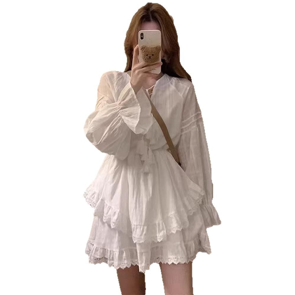 White Super Fairy Waist Thin Long-sleeved Dress Women's Spring and Autumn Fluffy Cake Dress Temperament Sweet Little White Skirt