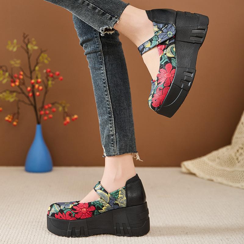 Fashion High Quality 7CM Genuine Leather Pigskin Moccasins Ladies Summer Women Thick Soled Flats Platform Wedge Sandals Round Toe Shoes