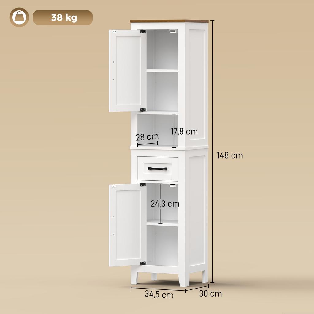Bathroom Cabinet, 2 Doors, Drawer, Open Compartment, Adjustable Shelves, White