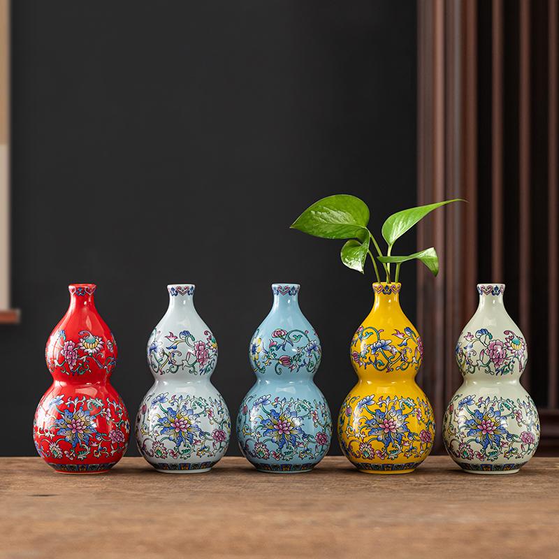 Chinese style enamel gourd ceramic vase, living room decoration, flower vase, desktop decoration vase