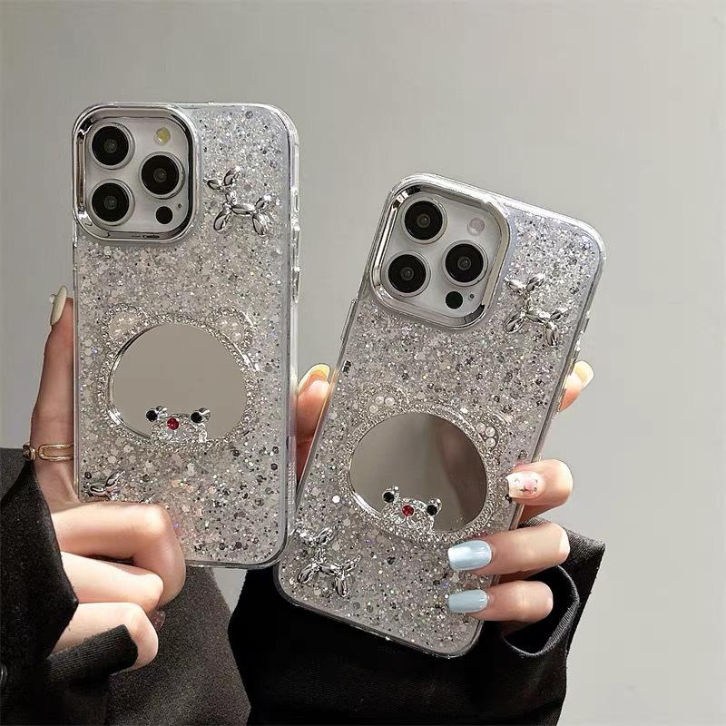 Bear Mirror Phone Case For Iphone17Promax Puppy Epoxy Sequins Apple 16 Internet Celebrity Female