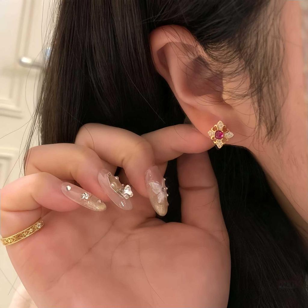 18K Gold-Plated Sterling Silver Stud Earrings with Red Diamond, Women's Versatile French Style Ear Jewelry.