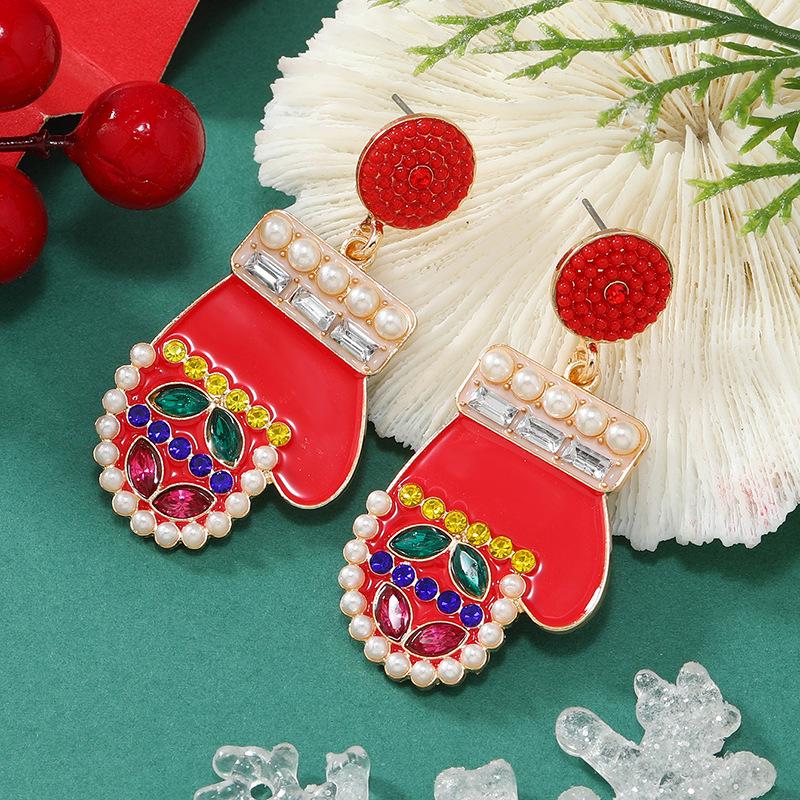 European Christmas Festival Multi-color Pearl Rhinestone Earrings with Gloves Accessories