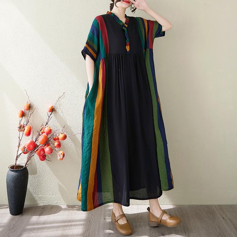 

Dimanaf 2025 Летнее платье больших размеров для женщин Повседневное длинное винтажное льняное платье Свободное базовое платье с коротким рукавом One Size чёрный