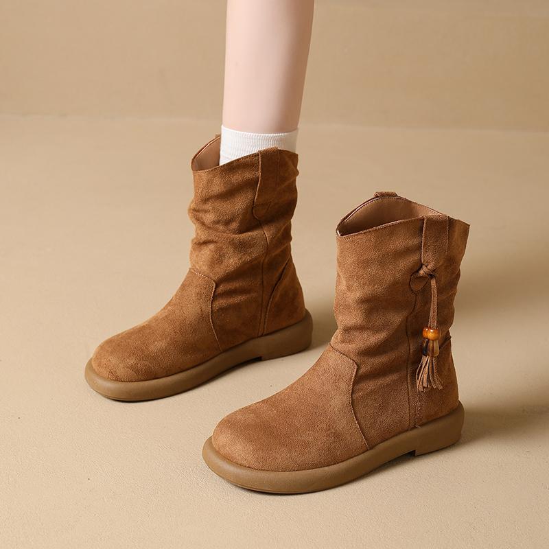 Fashion CRLAYDK Retro Women's Ankle Fold Boots Stylish Casual Bohemia Ladies Walking Outdoor Combat Bootie Suede Tassel Dress Shoes